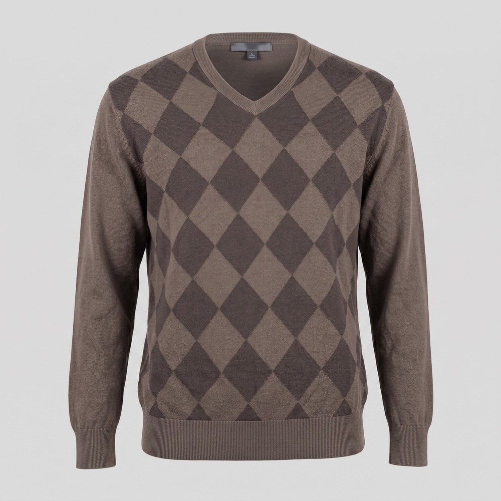 Old Navy Mens Large Brown Sweater V-Neck Argyle Long Sleeve Knit Pullover